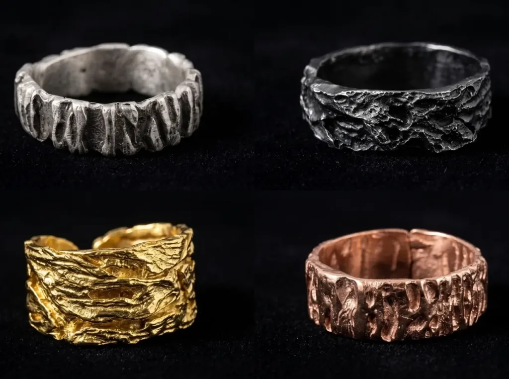 Argollas de matrimonio en 4 acabados distintos: plata natural, negro oxidado, oro amarillo y oro rosado – Colección Huená Eliana Soto