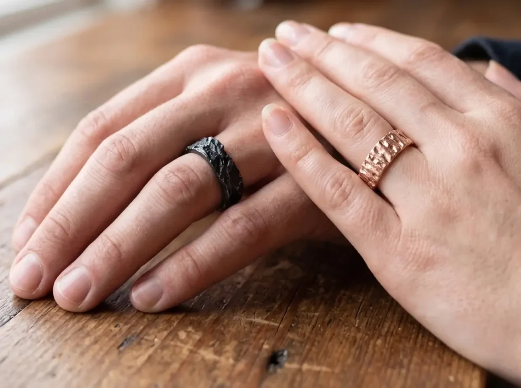 Pareja usando argollas de matrimonio con gustos diferentes de la Colección Huená – Joyería artesanal personalizada en Bogotá Colombia